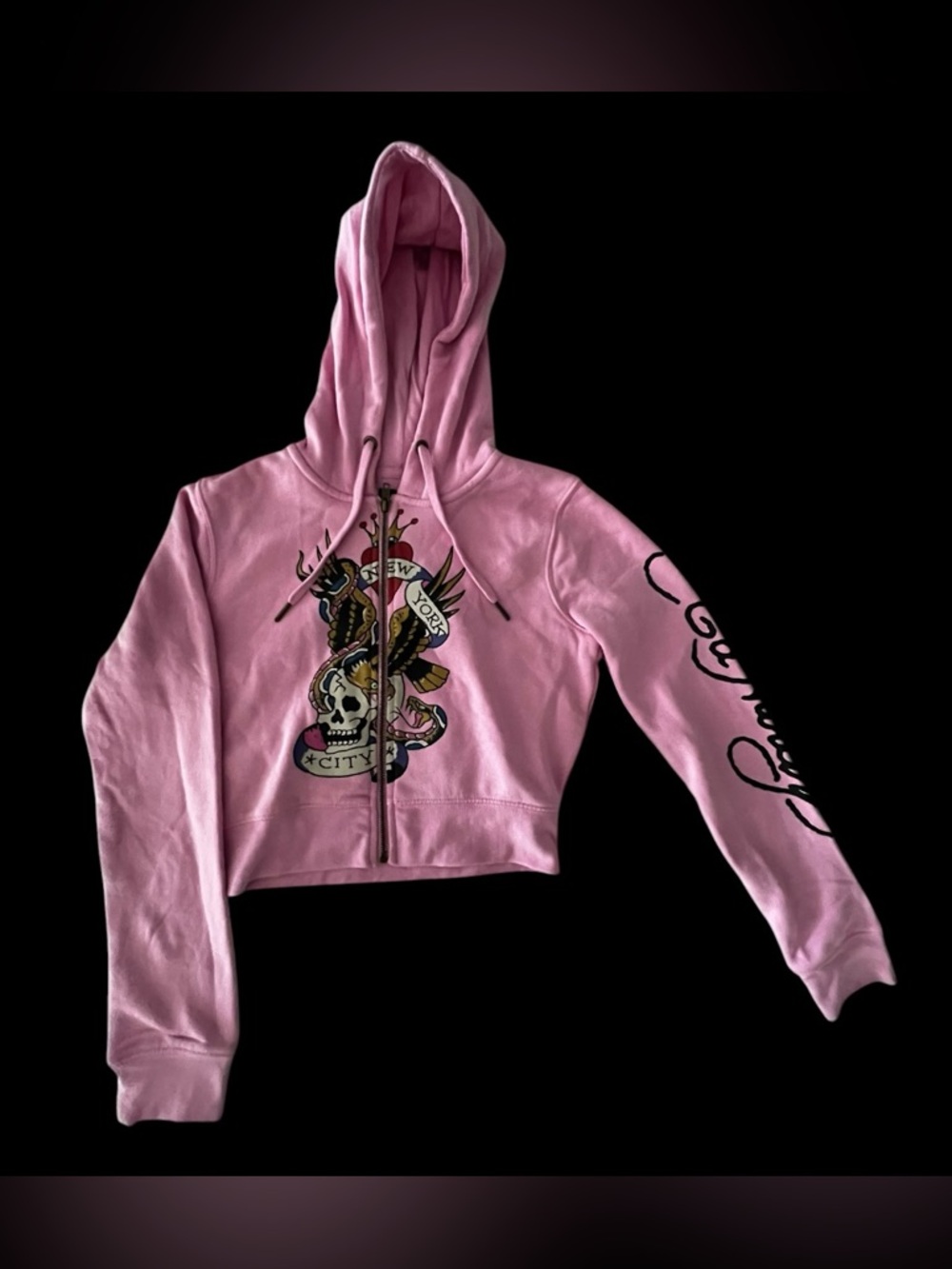 Ed Hardy Pink Cropped Zip Hoodie Skull Snake NYC Graphic NWT Size M Y2K